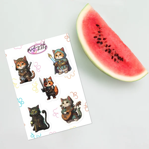D&D | Cats | 5 Sticker Sheet | Cleric, Warrior, Ranger, Druid, Bard