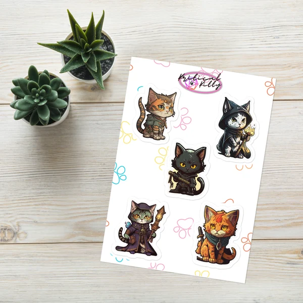 D&D | Cats | 5 Sticker Sheet | Rogue, Blood Hunter, Warlock, Wizard, Artificer